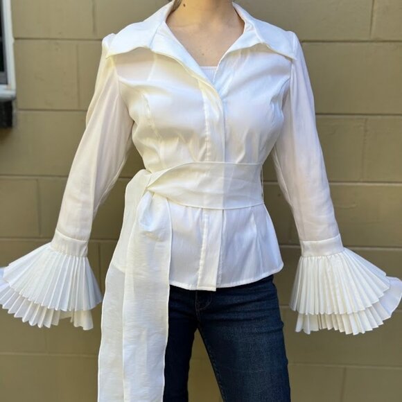 VTG Cache White Ruffle Fan Sleeve Button-Down Shirt w/ Waist Bow Tie Belt Sz 10 - Picture 5 of 6
